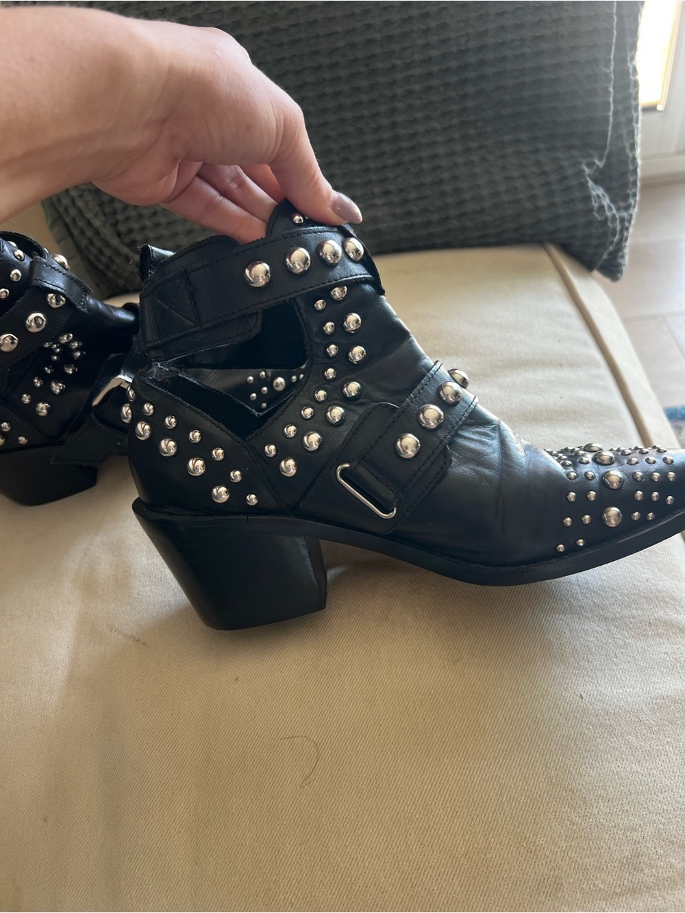 Black Studded Ankle Boots with Buckle Strap - Picture 8 of 13